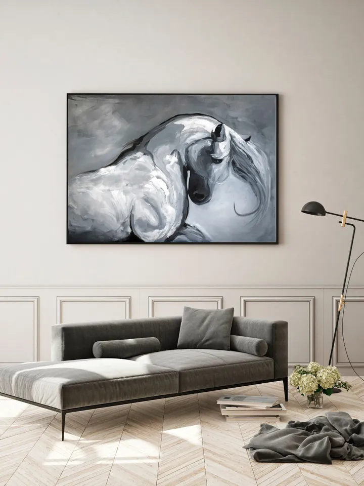 Horse Painting on Canvas, Horse Portrait,Extra Large Horse Painting, Black and White Horse Painting, Handmade Horse Artwork,Horse Lover Gift