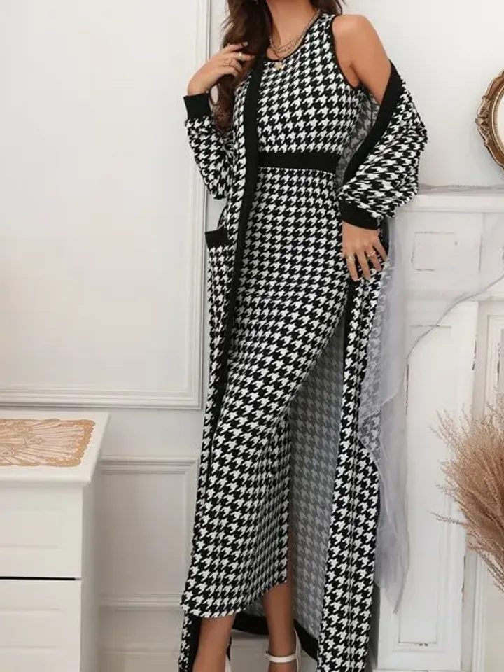 2Pc Set Co-Ord Houndstooth Open Front Pocket Belted Cardigan Coat & Pencil Dress