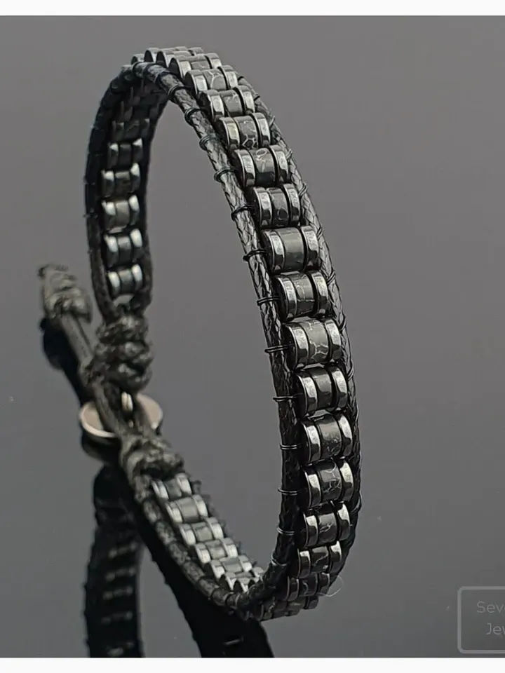 Black Variscite Bracelet, Hematite Gemstone, Slim Arm Band, Gifts For Men, Women, Classy Design Jewelery, Christmas Present, Chic Accessory