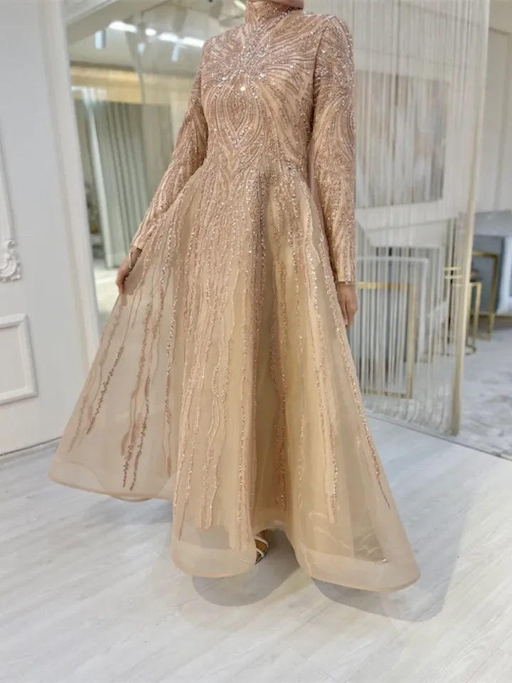 AHUNARE HIJAB - Masal Yarım Daire Honey Colored Embroidered Wedding Dress, Muslim Evening Gown, Islamic Wedding, Engagement, Bridesmaid,