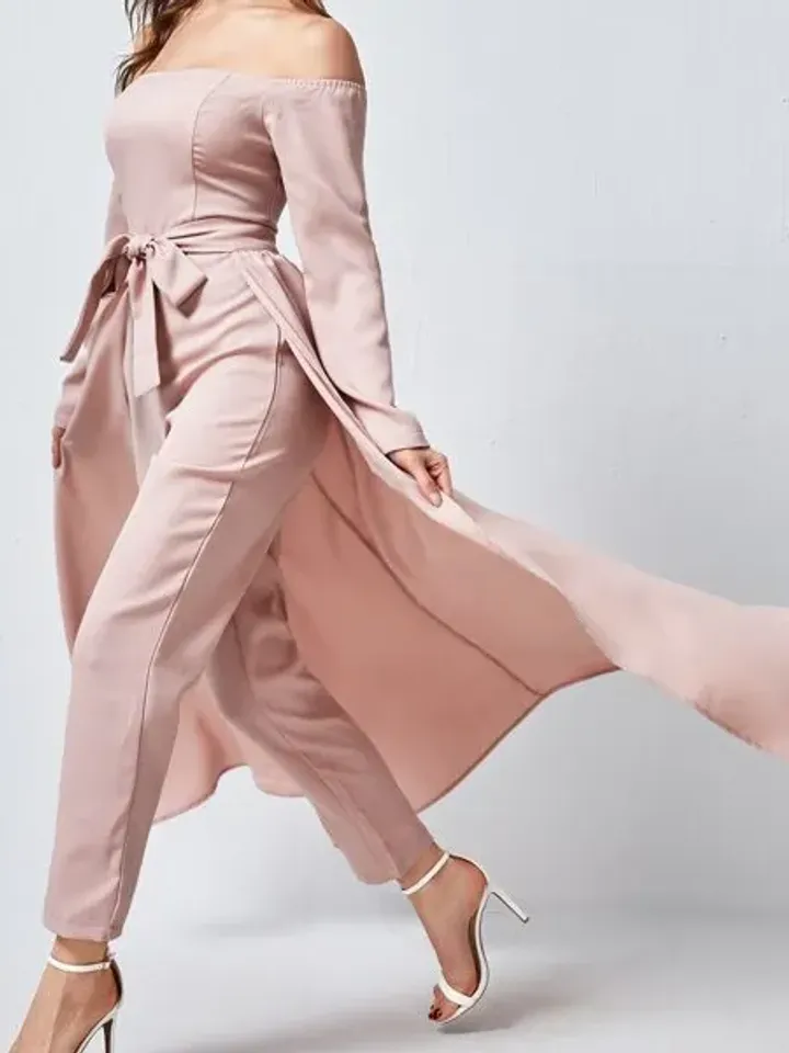 Off the Shoulder Long Sleeve Belted Jumpsuit With Skirt Women Ladies