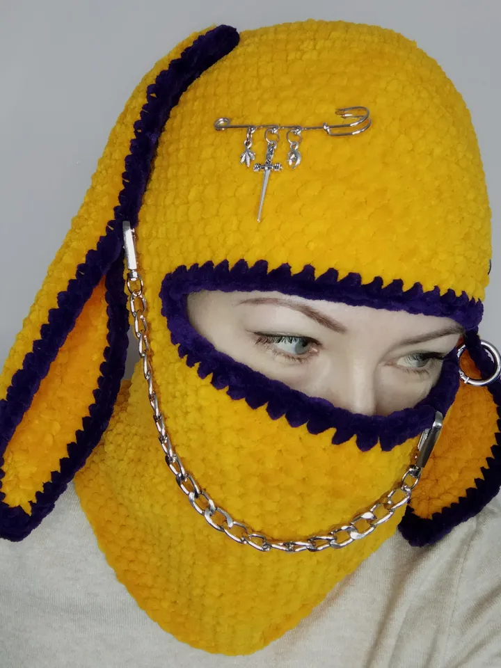 Crazy bunny balaclava crochet. Fluffy balaclava with bunny ears and charms