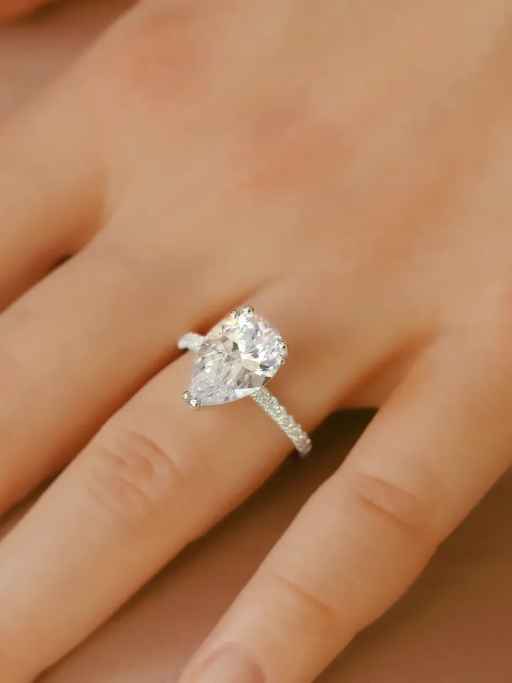PEAR SHAPED RING | Moissanite Diamond Pear Cut Ring | Minimalist 4.0 Ct Solitaire Diamond Custom Wedding Ring | Women Birthday Gift