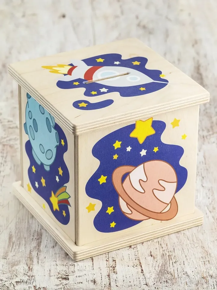 Wooden piggy bank, Kids Birthday Gift, Coin Bank, Space nursery decor