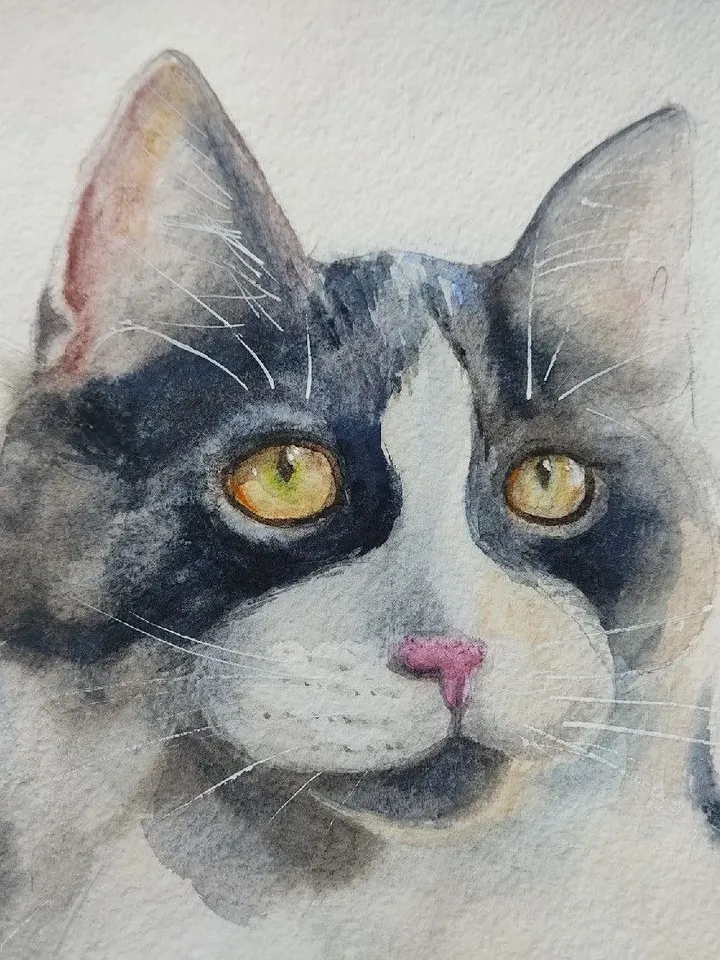 Cat painting white kitty artwork original watercolor art pet portrate white spotted cat