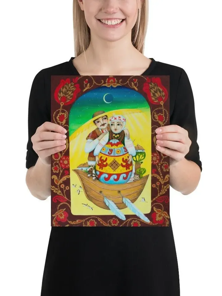 Ukrainian folk motif, happy family in a boat, poster from the original work by Ukrainian artist Aleksandr Paranchenko, Wall decor