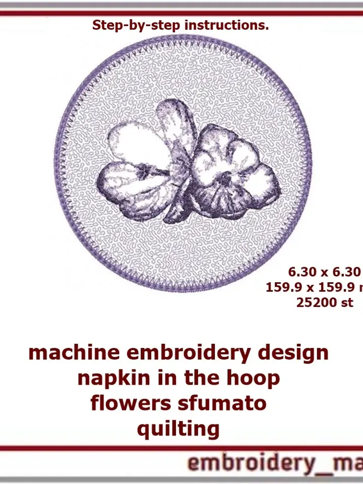 Embroidery design, napkin in the hoop with flowers sfumato and quilting