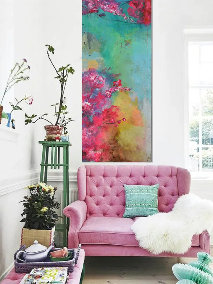 Abstract Floral Painting, Large Floral Wall Art, Long Narrow art, Pink Abstract Floral Art, Original Artwork, Floral Painting on Canvas