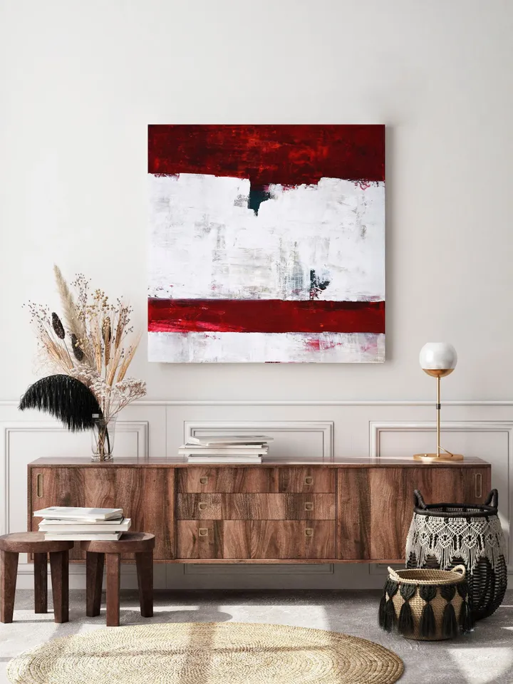 Red Abstract Painting on Canvas, Acrylic Painting on Canvas, Square Wall Art on 39x39 Inches, Minimal Line Abstract Art