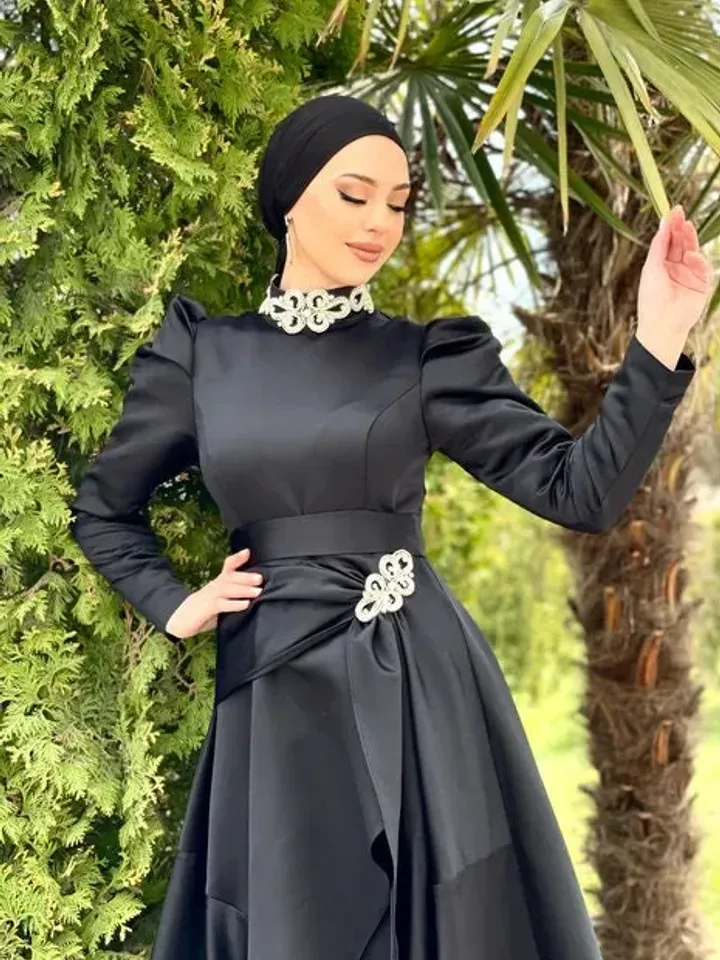 Ahsen Black Satin Tailed Embroidered Ahuanare Wedding Dress, Muslim Evening Gown, Nikah, Islamic Wedding, Engagement, Bridesmaid,