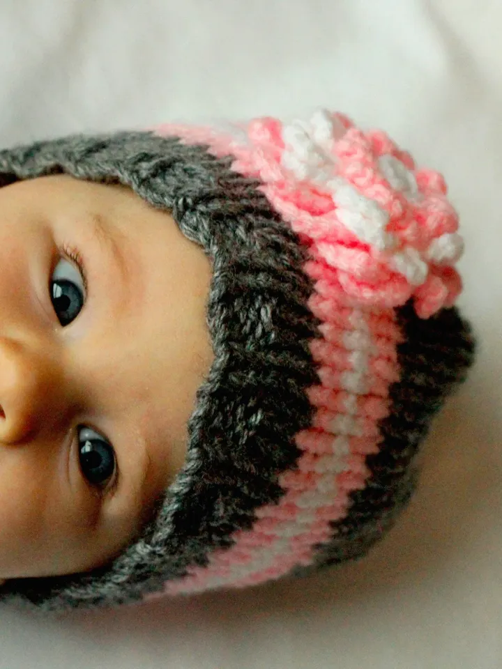Little Girls Pink and Gray Hat with Flower, Infant's First Hat, Gender Reveal Prop, Baby Shower Gift for Girls, Sizes: Preemie & 0-3 months
