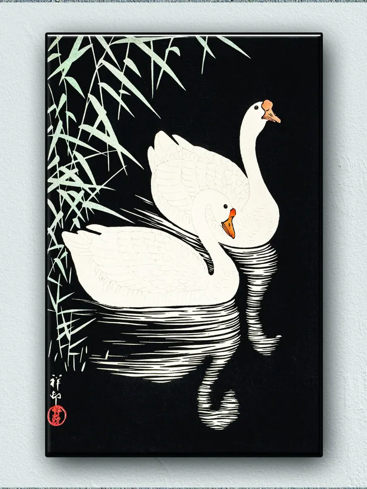 Ukiyo-e Japanese Print - Swan and Reeds Print on Canvas , Floating Frame Option, Modern Wall Art, Extra Large Canvas Wall Art