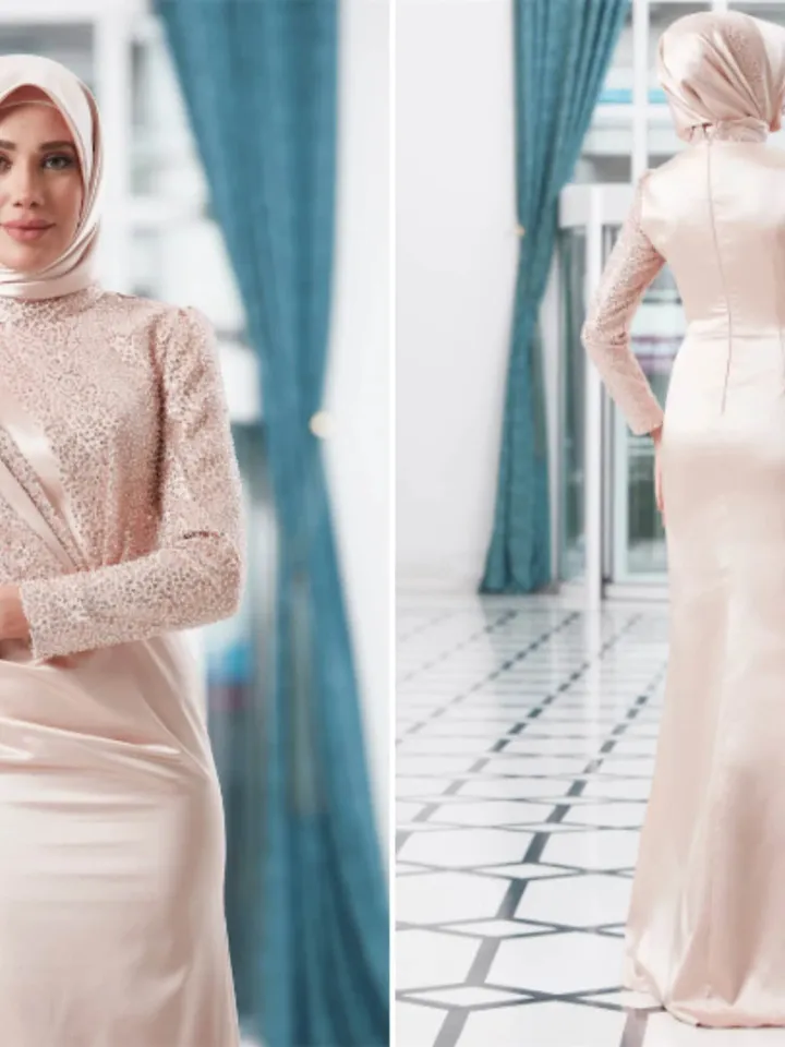 AHUNARE HIJAB - Balık Saten Salmon Satin Mermaid Wedding Dress, Muslim Evening Gown, Nikah, Islamic Wedding, Engagement, Bridesmaid,