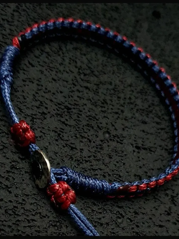 Dark Red and Blue Minimalist Bracelet with Silver Button, Adjustable Closured Wristlet, Stylish Valentine's Present for Men, Macrame art