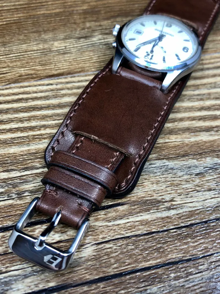 Brown Leather Bund Watch Band, Genuine Leather Cuff Watch Band, Engraved Watch Strap 20mm, Wide Watch Band for Men, 3rd Anniversary Gift