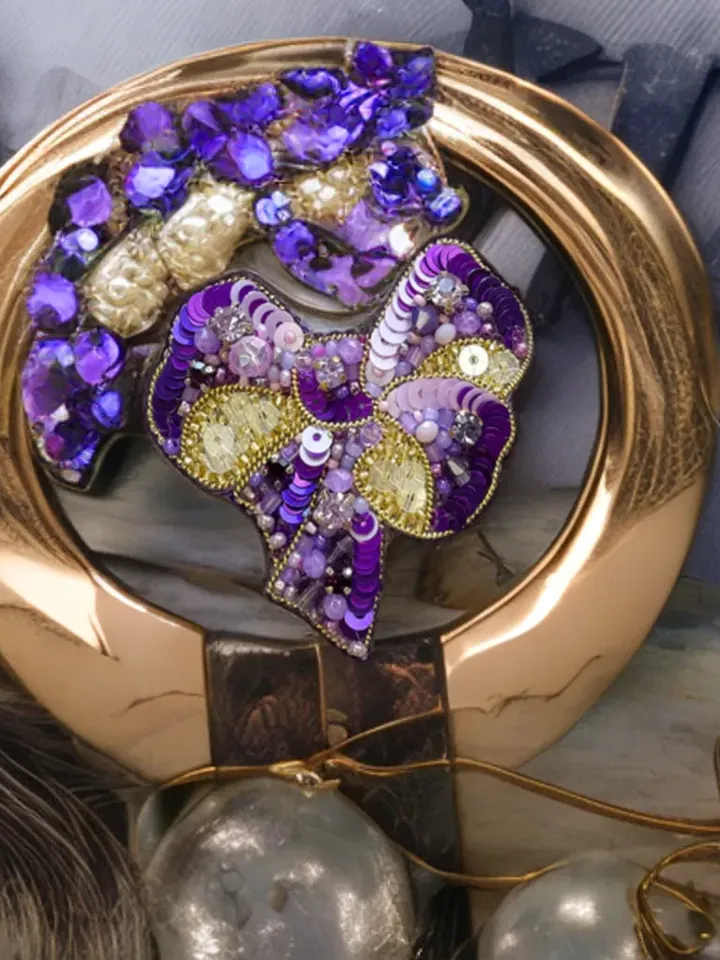 Beaded Brooch Exquisite Purple Bow In Gold, Handmade Embroidered Jewelry, Delicate Brooch, Pin Purple, Embroidery