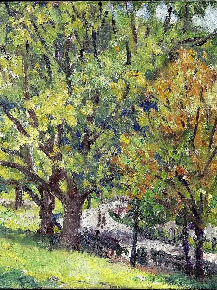 Small New York Park Landscape Painting - Inwood Hill/Autumn in NYC - 6x7 Oil on Panel, Plein Air Impressionist Fine Art, Signed Original