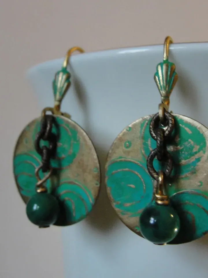 Boho Shabby chic Vintaj solid and natural brass Chrysocolla Textured patinated earrings with chain