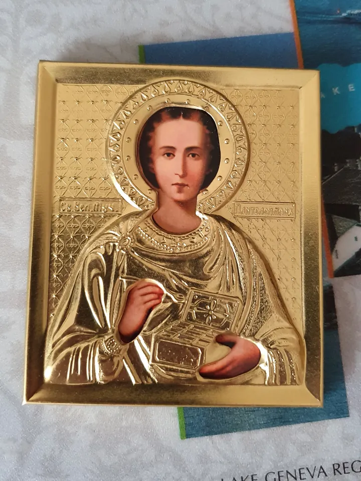 Saint Pantaleon the Healer orthodox icon in a metal frame