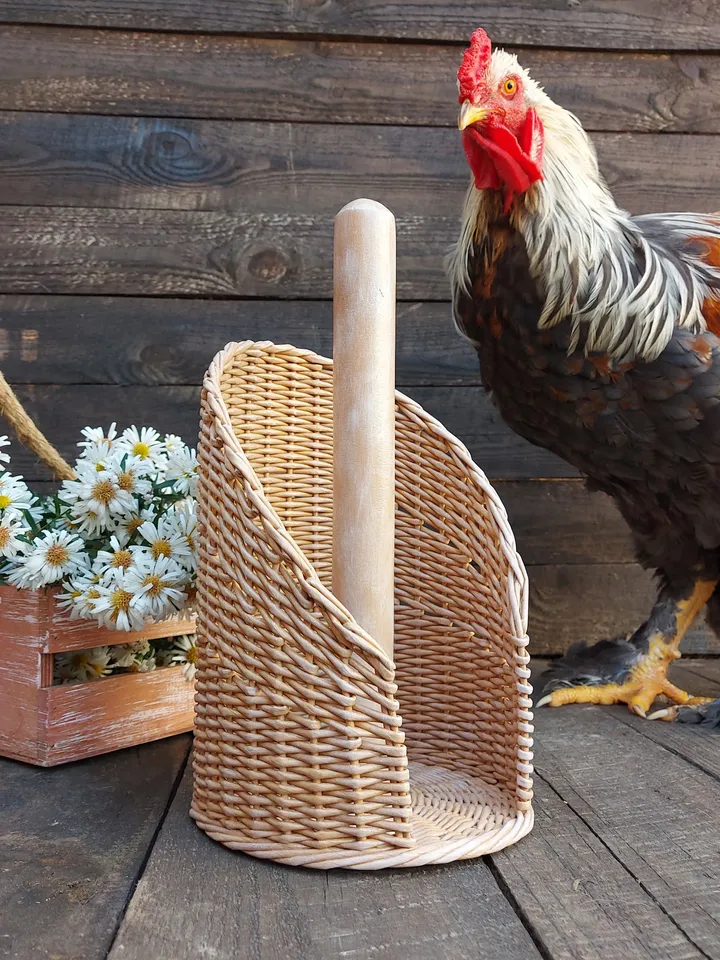 Paperless paper towels, Beige rattan paper towel holder, Rustic kitchen wicker roll holder