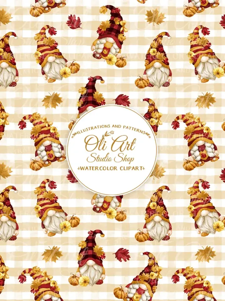 Download Seamless patterns. Gnomes & pumpkin. Fall, Autumn. Fall Buffalo Plaid JPG. Digital Download