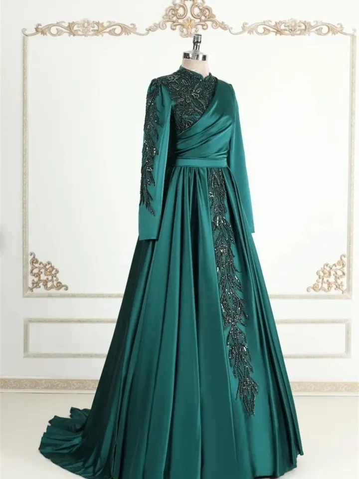 AHUNARE HIJAB - Hürrem Emerald Embroidered Wedding Dress, Muslim Evening Gown, Nikah, Islamic Wedding, Engagement, Bridesmaid,