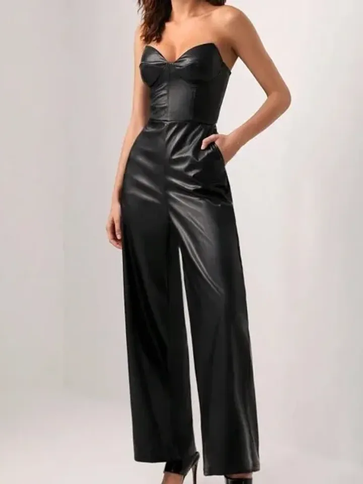 Faux PU Leather Strapless Backless Pocket Wide Leg Tube Jumpsuit Women Ladies Casual Party Club