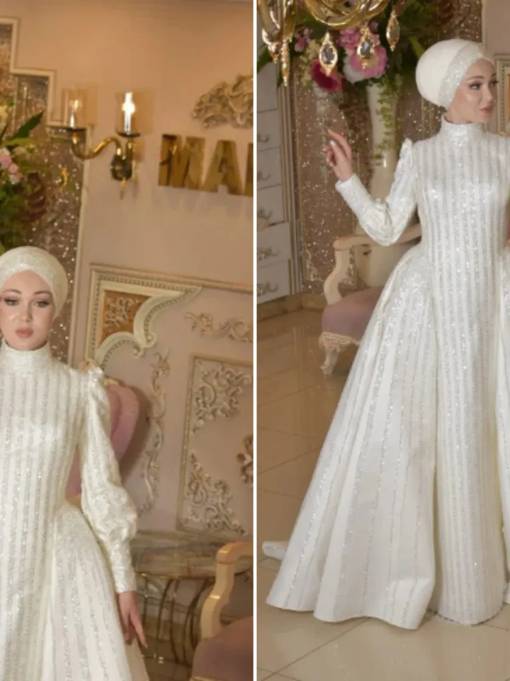 Hatun White Embroidered Bright Peplum Mermaid Wedding Gown, Bridal, Muslim Wedding, Hijab, White Wedding Dress, Islamic Wedding