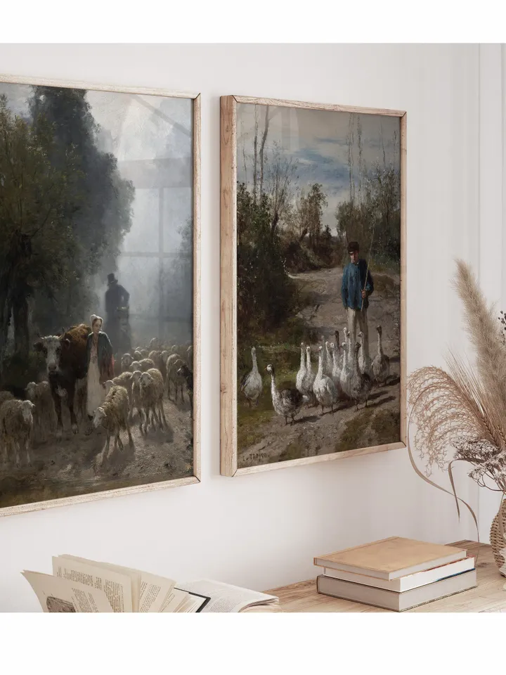 Cattle Wall Art Set of 2 Vintage Prints, Farm Animals Printable Home Decor, Geese Sheep Oil Painting, Downloadable | 42