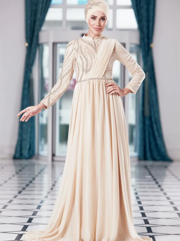 AHUNARE HIJAB - Dila  Cream Chiffon  Wedding Dress, Muslim Evening Gown, Nikah, Islamic Wedding, Engagement, Bridesmaid,