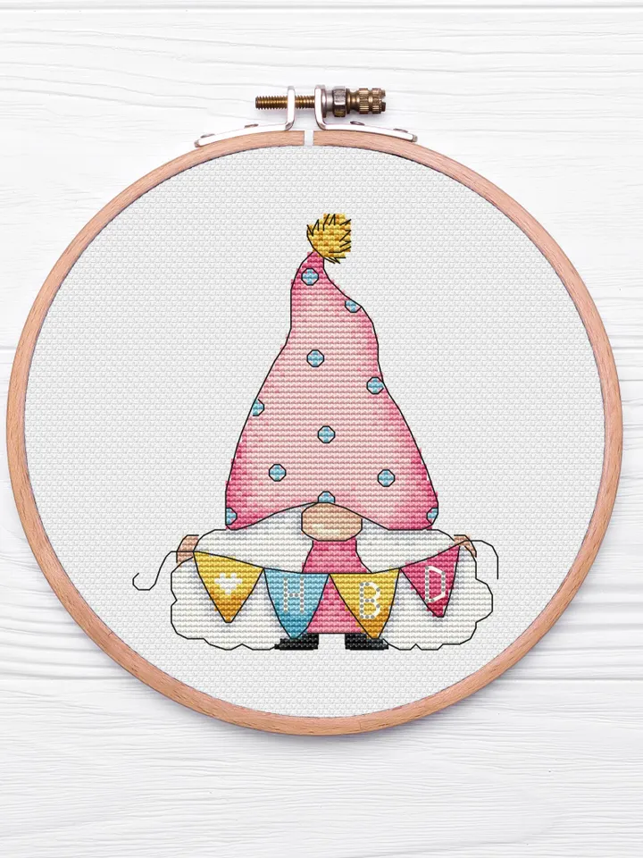 Birthday Gnome Cross Stitch Pattern, Watercolor Gnome Cross Stitch Pattern, Counted Blue Gnome Cross Stitch PDF Pattern