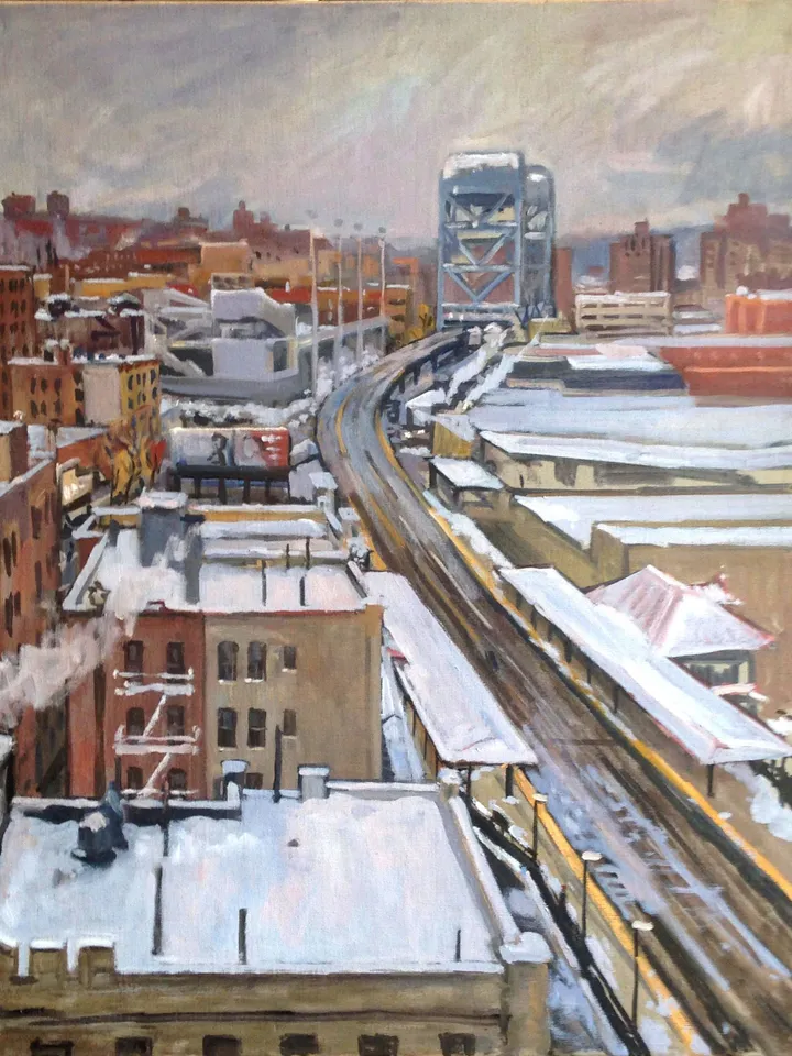 NYC Winter Landscape Painting - Snowy Rooftops/Inwood- 24x30 Oil on Linen, New York Snow Scene, Signed Original Impressionist Cityscape