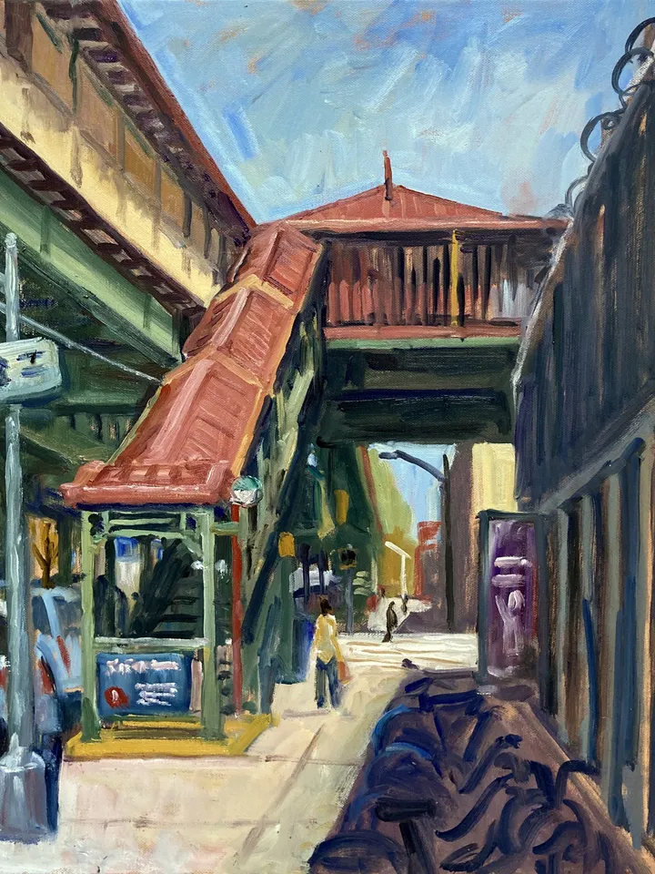 New York Cityscape Painting - Under the L/215th Street/Inwood - 16x20 Oil on Linen, NYC Impressionist Plein Air Landscape, Signed Original