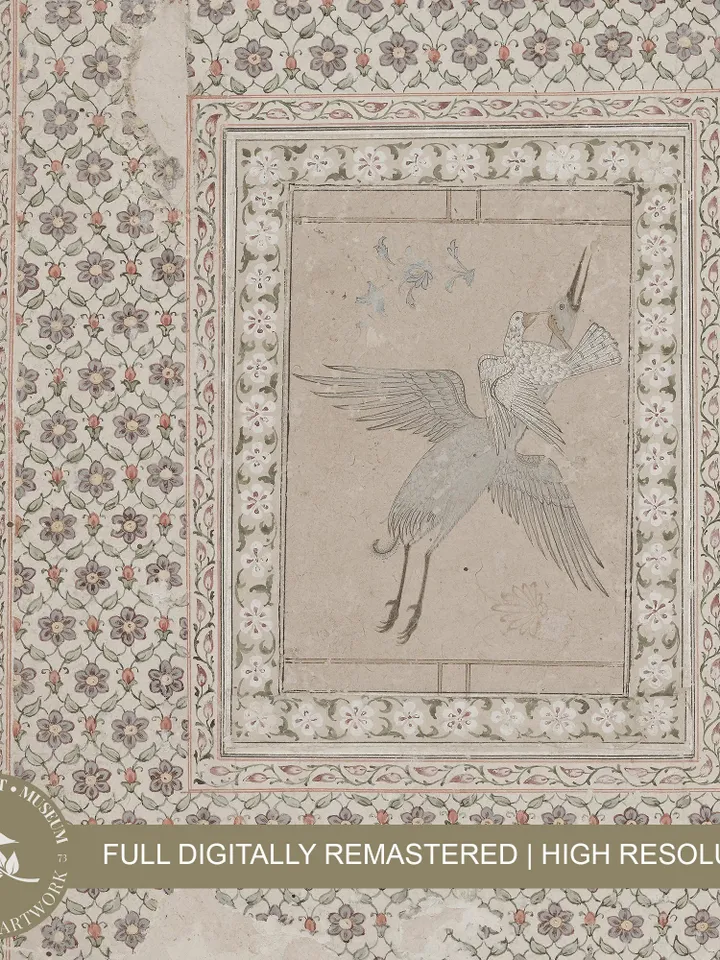 Neutral Tapestry Wall Art Print, Vintage Textile Hawk With Crane Watercolor, PRINTABLE Eclectic Art Download Decor | #252