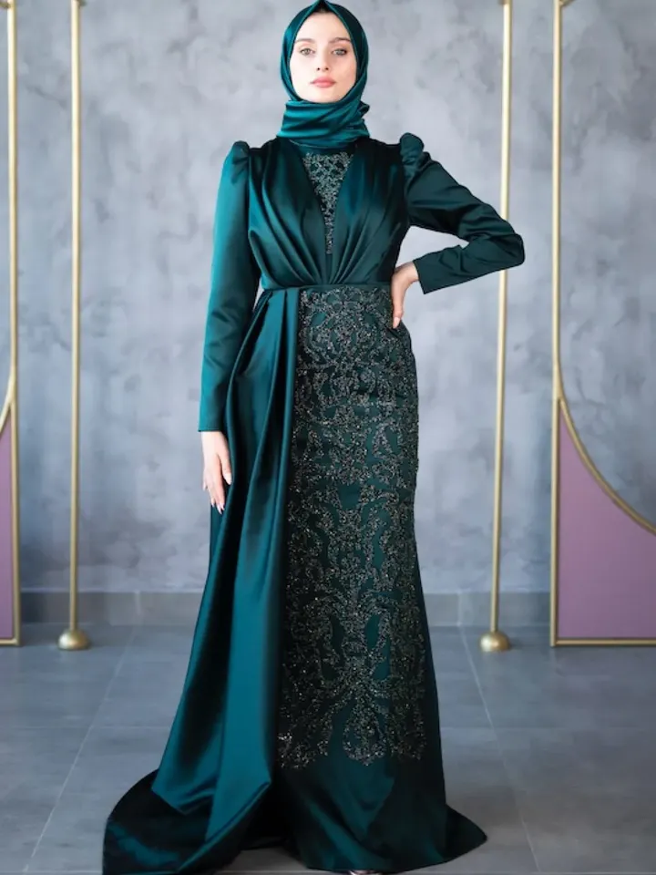 Rana Emerald Satin Ahunare Embroidered Wedding Dress, Muslim Evening Gown, Nikah, Islamic Wedding, Engagement, Bridesmaid, Maxi Dress