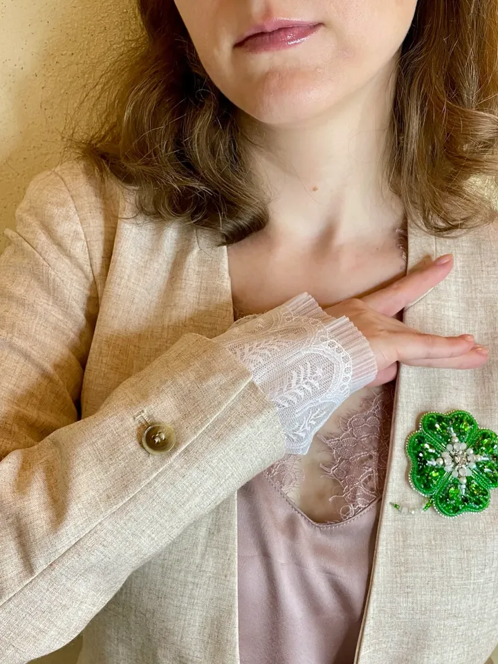Clover Brooch, Beaded Jewelry, Handmade Embroidered Accessory, Light Green Shamrock Pin, Leaf Brooch, Handmade Brooch