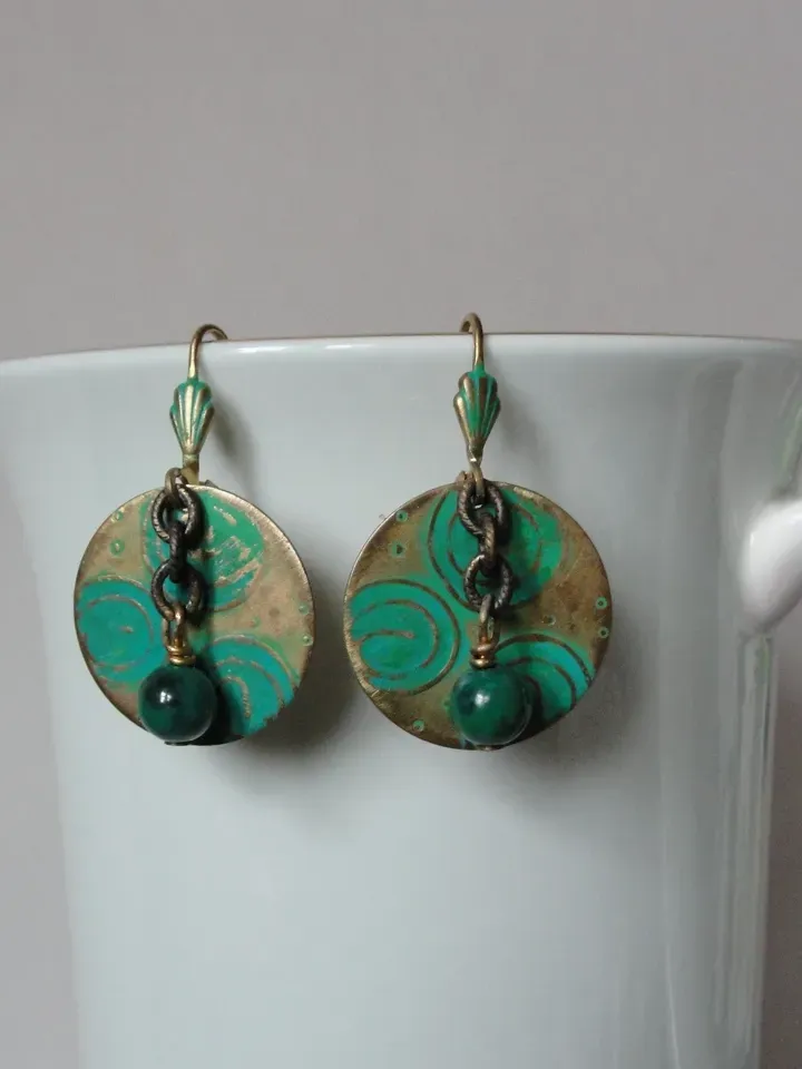 Boho Shabby chic Vintaj solid and natural brass Chrysocolla Textured patinated earrings with chain
