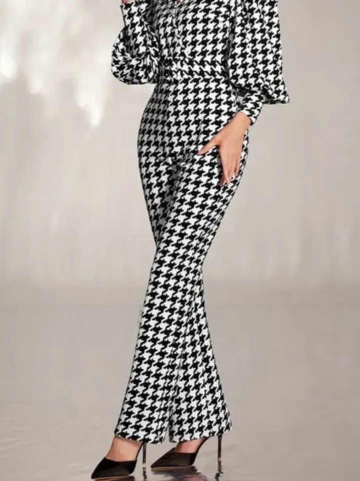Houndstooth Print V Neck Bishop Sleeve Belted Flare Leg Jumpsuit