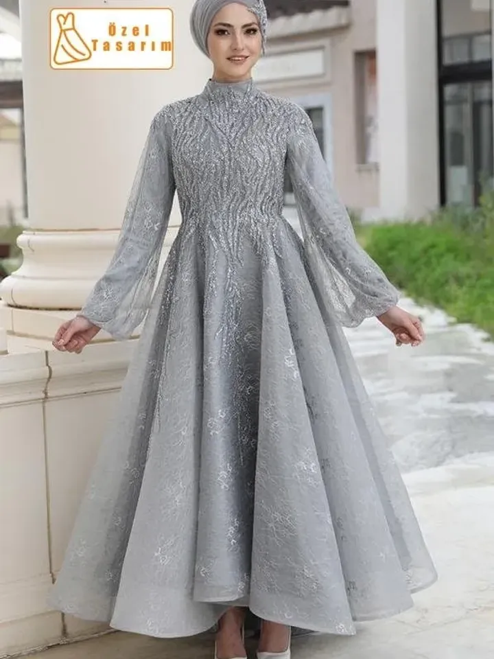 AHUNARE HIJAB - Romantik Grey Satin Wedding Dress, Muslim Evening Gown, Nikah, Islamic Wedding, Engagement, Bridesmaid,