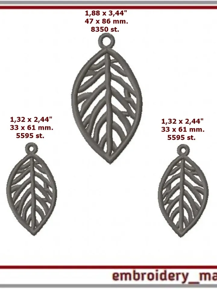 In the hoop FSL Embroidery design earrings pendant in a leaf 2