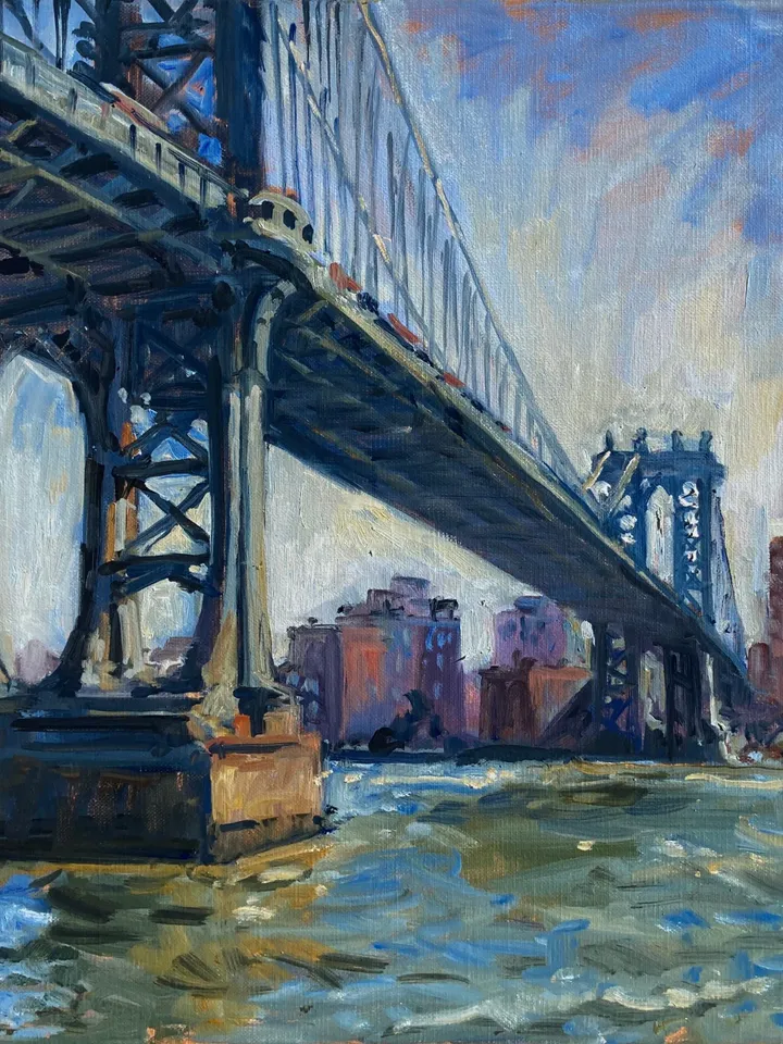 New York Cityscape Painting - Morning Sparkle/Manhattan Bridge/NYC - 16x20 Oil on Linen, Signed Original Plein Air Impressionist Landscape