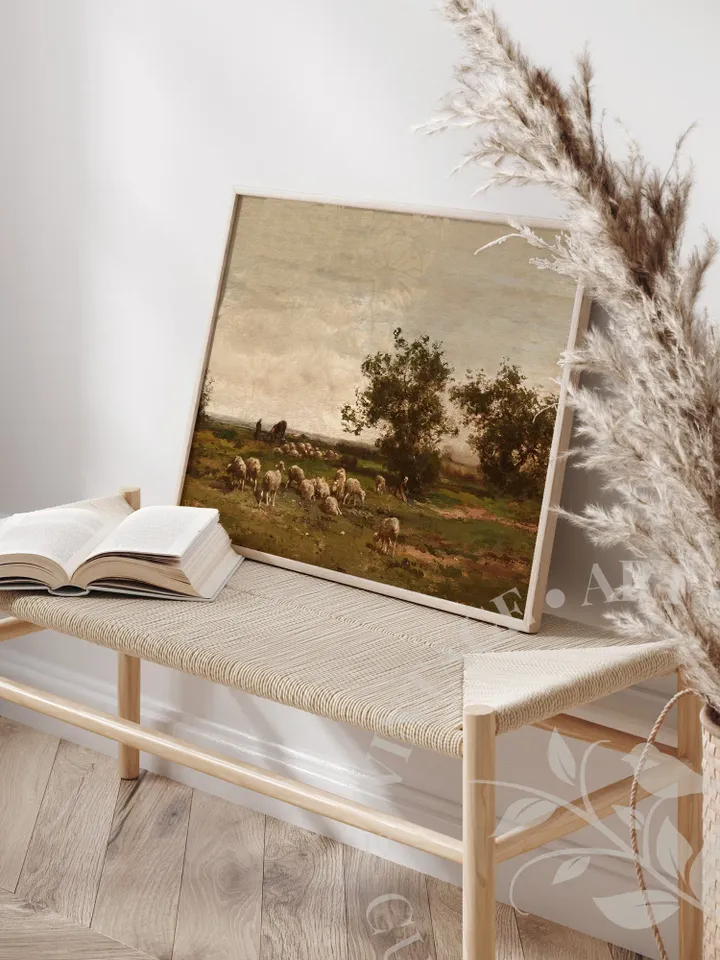 Vintage Landscape with Sheep Oil Painting, French Farmhouse PRINTABLE Art, Rustic Home Wall Decor Downloadable | 129