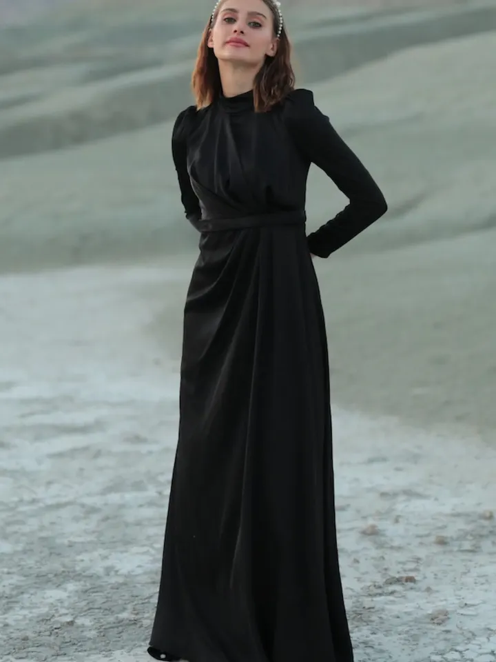 AHUNARE HIJAB - Irem Dress, Satin Dress, Black Color, Muslim Evening Dress, Nikah, Wedding, Engagement, Bridesmaid, ,