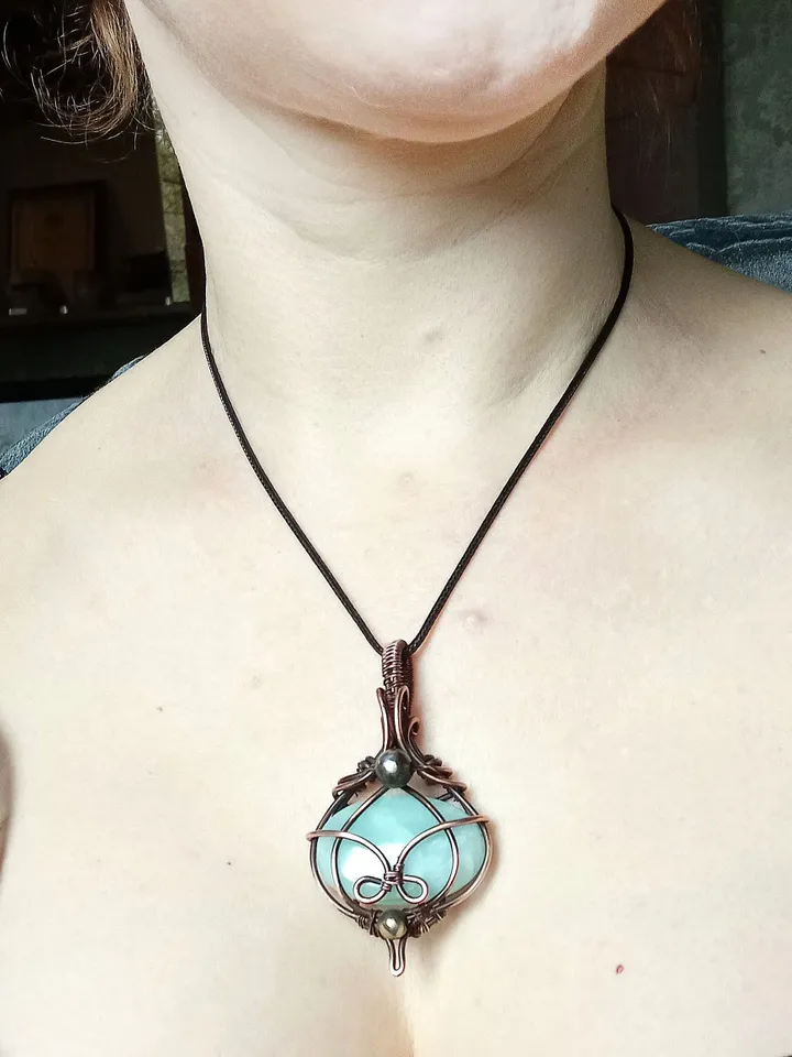 Copper necklace wrapped in wire with amazonite stone, antique style wire pendant, necklace for men, women, amulet