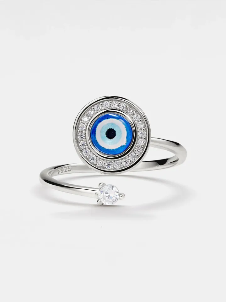 PERIMADE Evil Eye Fidget Spinner Ring • Blue Glass Evil Eye Anxiety Ring • Sterling Silver Friendship Jewelry • Trendy Best Friend Gift