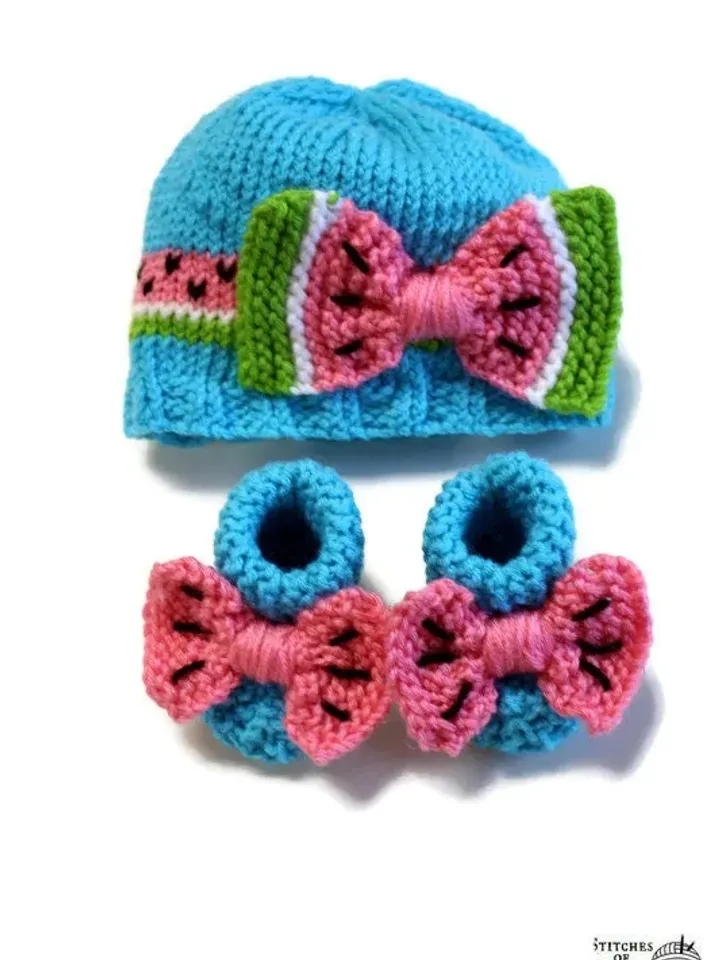 Watermelon Hat and Booties for Babies, Fruit Socks, Expectant Parent Baby Shower Gift Idea, New Baby Crib Hat and Shoes, Watermelon Slices