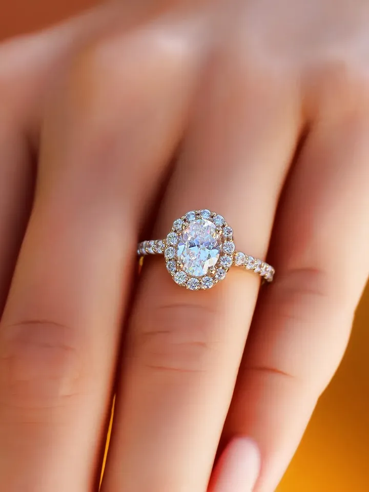 OVAL ENGAGEMENT RING | Halo Oval Cut Moissanite Ring | Rose Gold 1.5 Ct Simulated Diamond Ring | Women Wedding Gifts | Engagement Ring Band