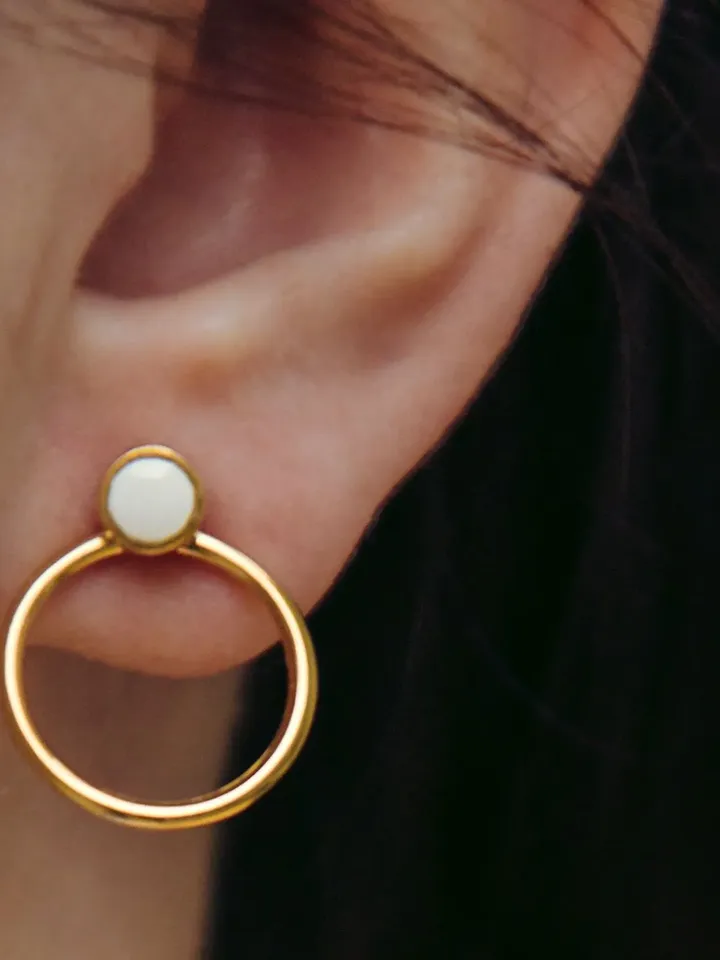 Dainty Turquoise Round Studs, Gold Open Circle Ear Jackets Minimal Opal Onix Ear Stud Cool Double Sided Geometric Front Back Jacket Earrings