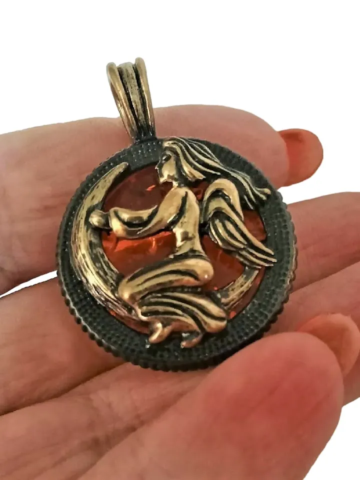 Virgo Zodiac Pendant Necklace Gold Black Brass and Amber Pendant Virgo horoscope jewelry gift for men women