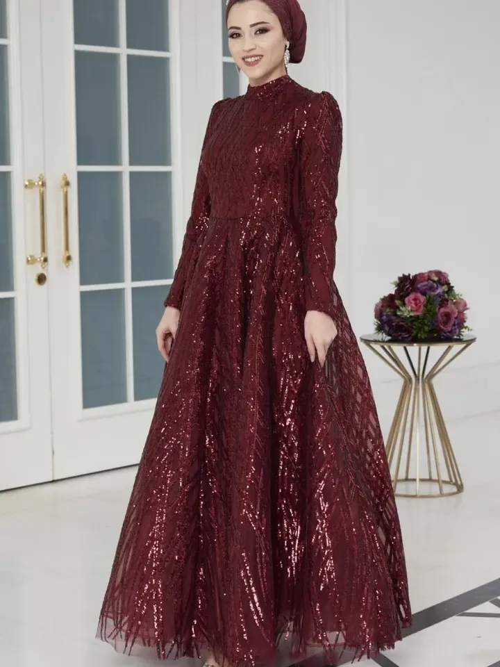 AHUNARE HIJAB - Prenses Burgundy Embroidered Wedding Dress, Muslim Evening Gown, Nikah, Islamic Wedding, Engagement, Bridesmaid,